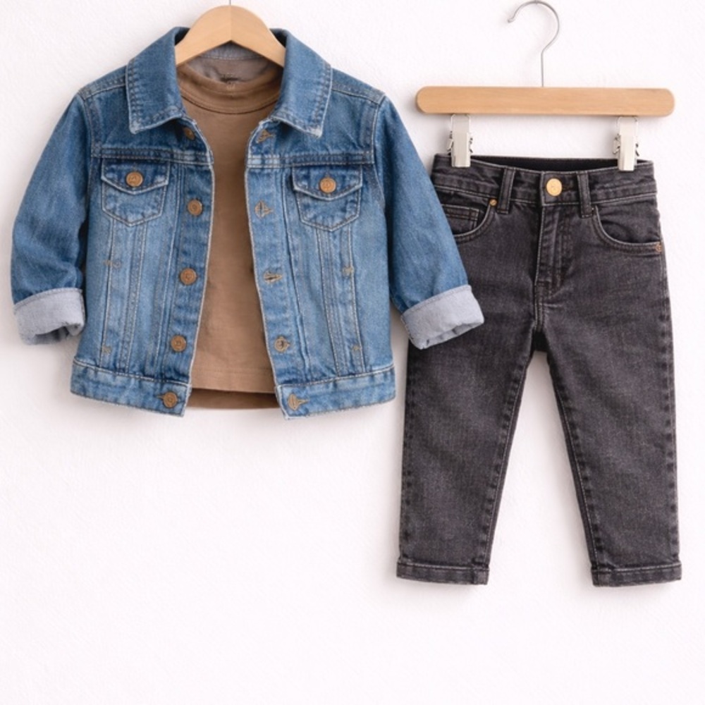 little Bipsy Denim Jacket Outfit Set + Black Mecca Skinny Jeans Boys 0/3 month